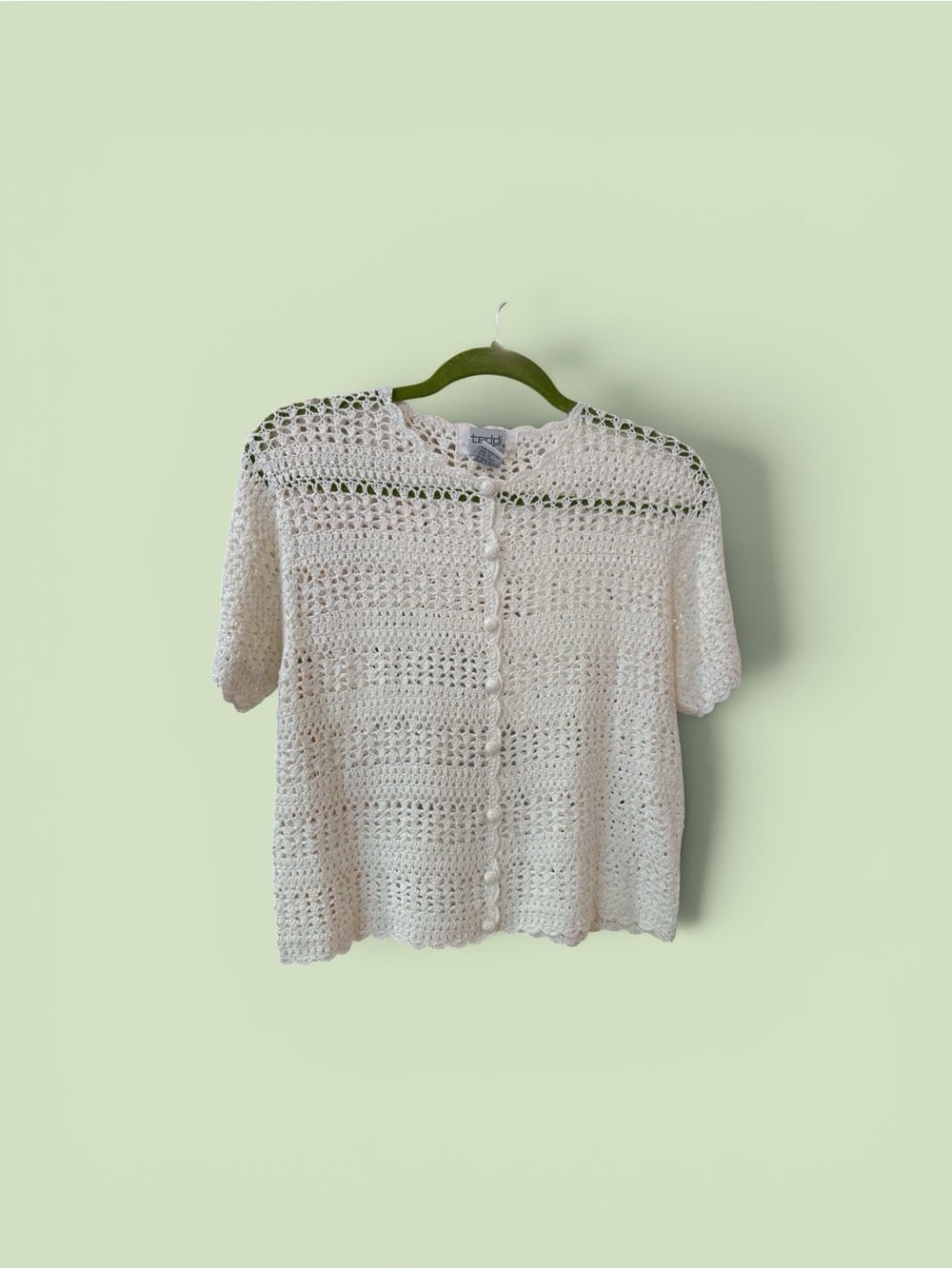 Crocheted Button-Front Short Sleeve Cardigan - Cream